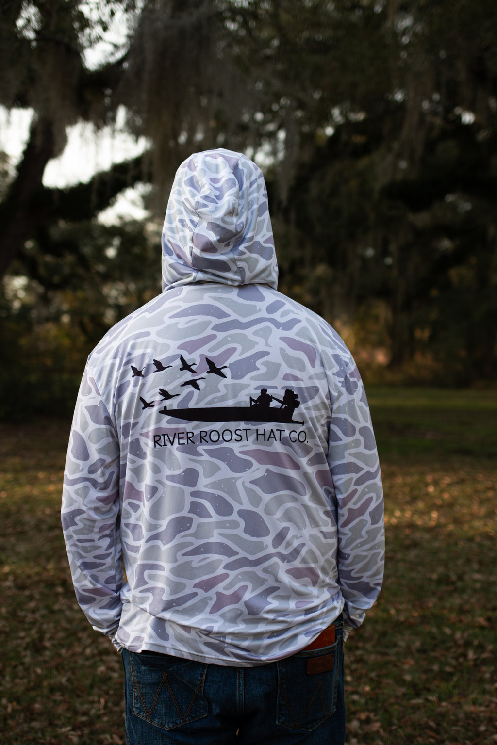 Men's White Camo long sleeve with hoodie.