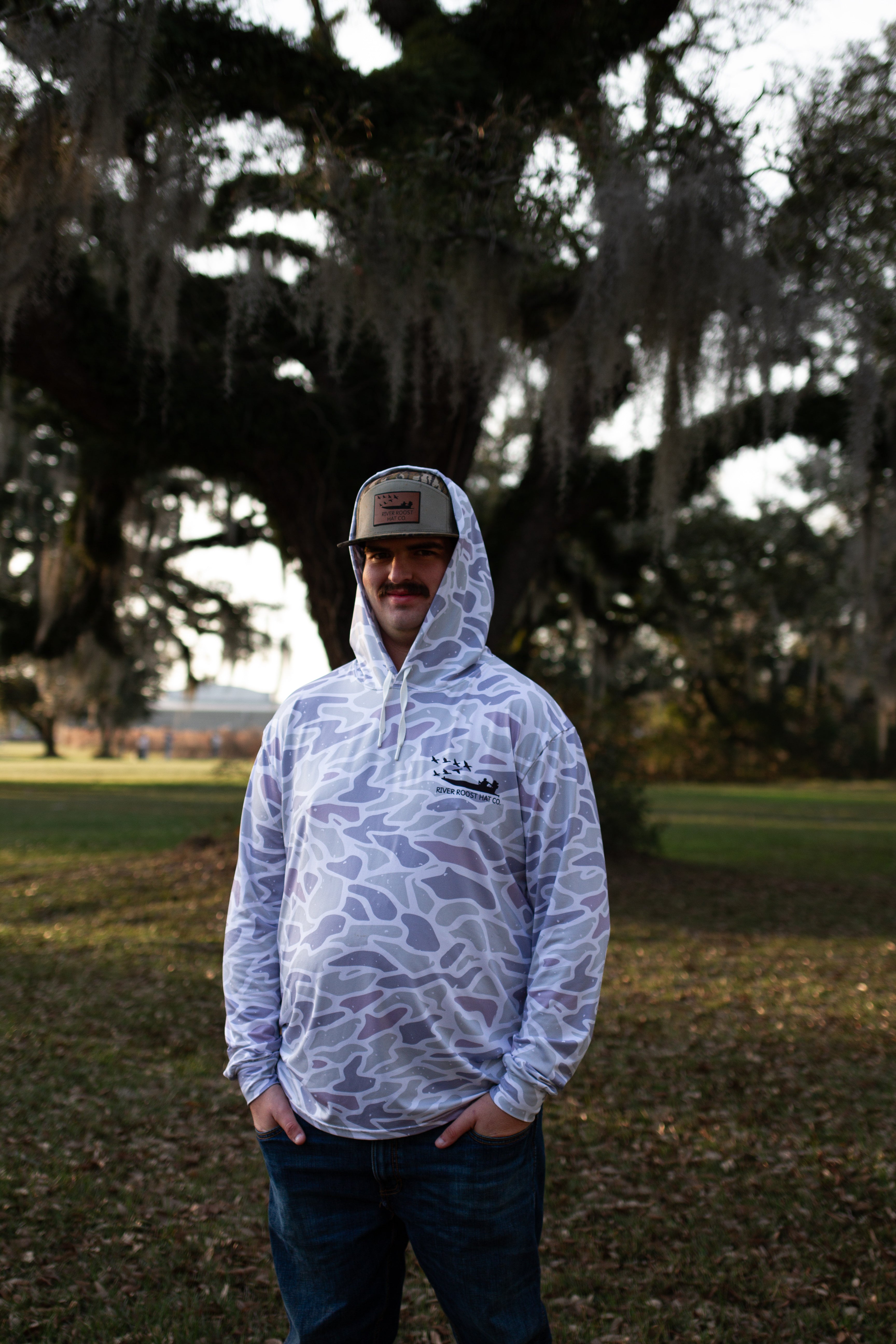 Men's White Camo long sleeve with hoodie.