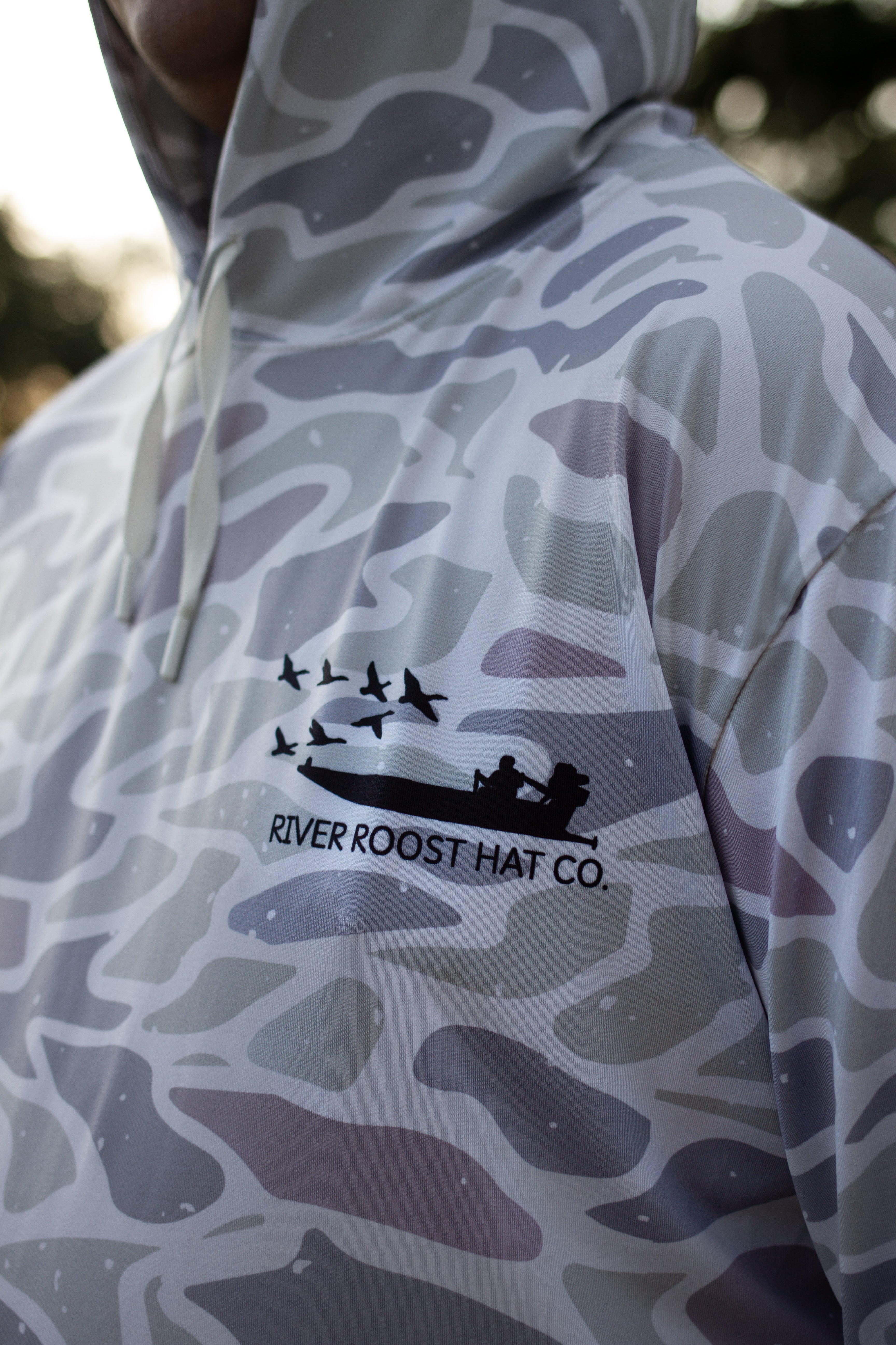 Men's White Camo long sleeve with hoodie.